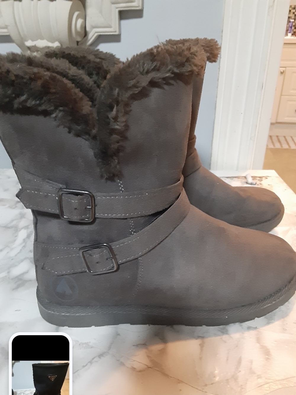 Airwalk Grey Faux-Fur Lined Ankle Boots with Buckle Straps
